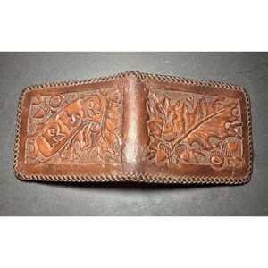 Vintage Oak Leaves & Acorns Hand Tooled Leather Wallet Woven Embossed RLR Wester